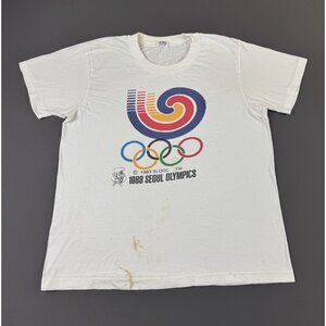 Rare Vintage 80s 1988 Seoul Korea Olympics Sport White Shirt Thrashed Paint Art
